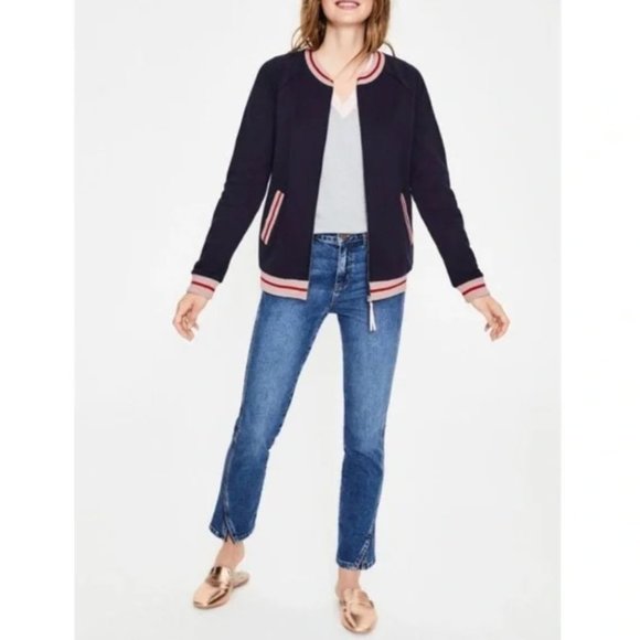 Boden Whitstable Navy Pink Striped Jersey Bomber Jacket Full Zip Size 8 - Picture 1 of 6
